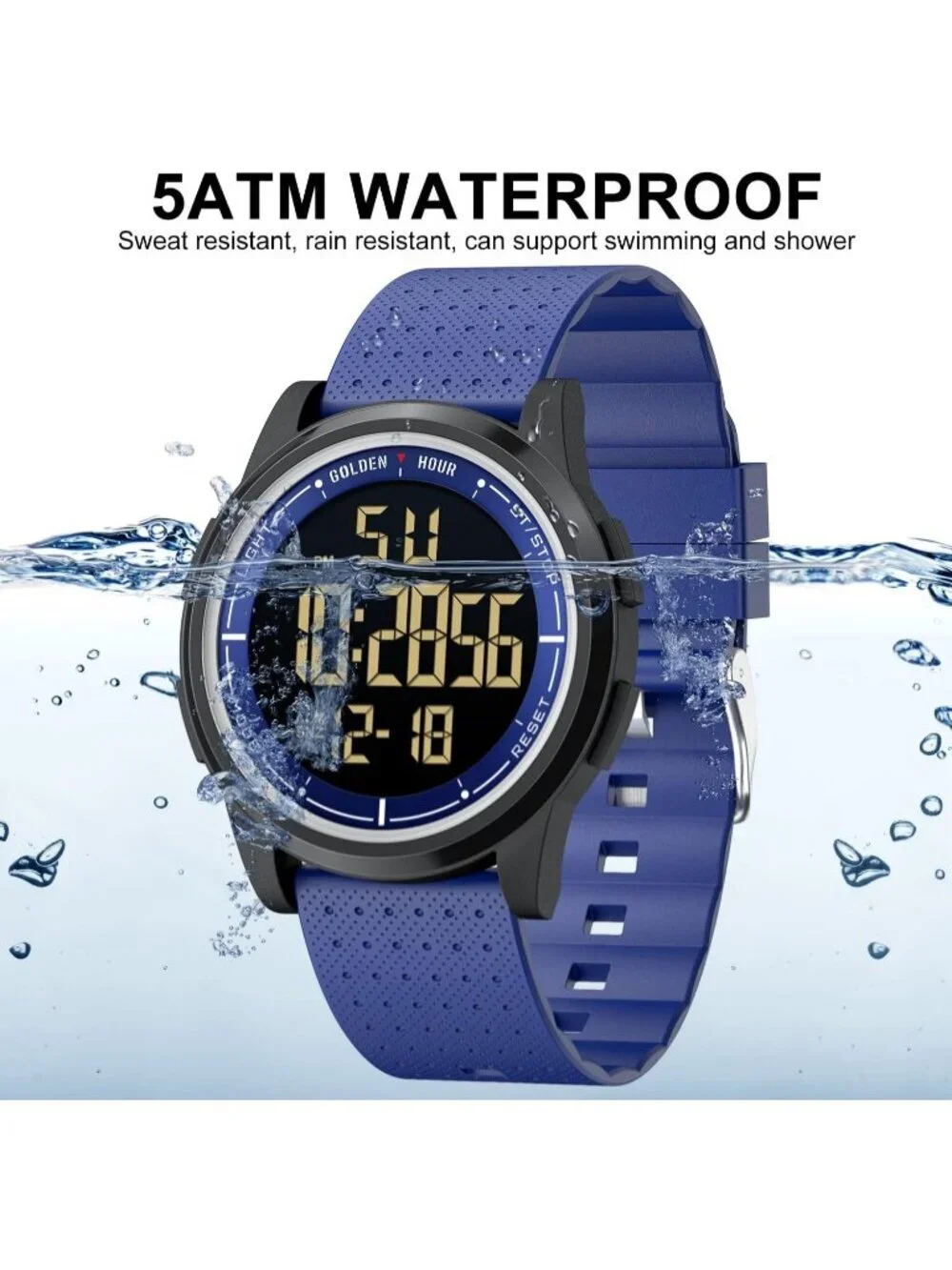 Men's Blue Rubber Strap Ultra-Thin Minimalist Sports Waterproof Digital Watch